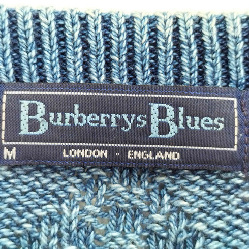 バーバリーズ BURBERRYS Blues 90S 英国製 レーヨン糸 インディゴ染め ロゴ刺繍 ケーブルニット メンズ import:M
