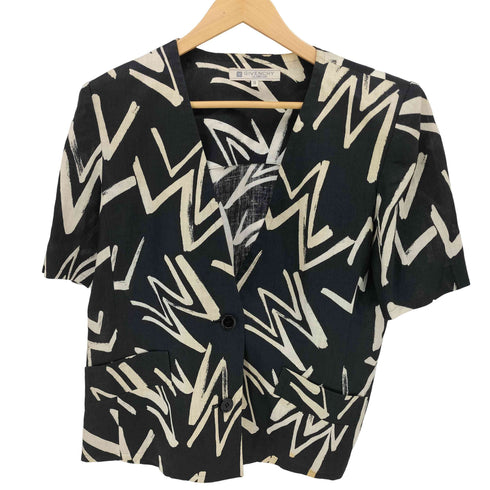 ジバンシィ GIVENCHY 80-90S 総柄 リネン 100 パワーショルダー 2B 半袖 ノーカラージャケット メンズ JPN:13号