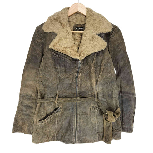 WINLIT genuine leather リアルレザー 襟ボア ベルテッドレザージャケット レディース