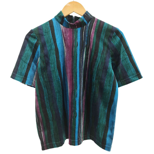 テディ teddi 80-90s ベロア ストライプ ハイネック 半袖 Tシャツ レディース