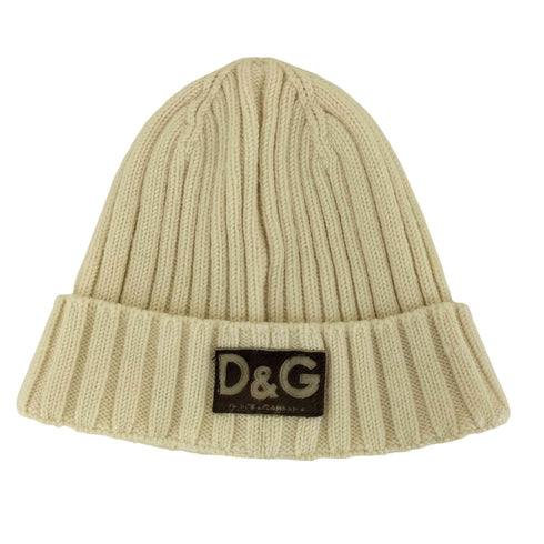 ディーアンドジードルチェアンドガッバーナ D&G DOLCE&GABBANA イタリア製 ハラコレザー ロゴワッペン アクリル ニット帽 メンズ FREE