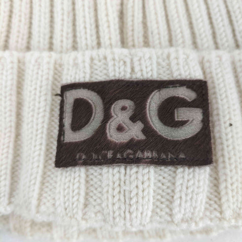 ディーアンドジードルチェアンドガッバーナ D&G DOLCE&GABBANA イタリア製 ハラコレザー ロゴワッペン アクリル ニット帽 メンズ FREE
