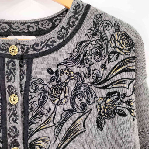 Senzafine ラメ糸 花刺繍 金ボタン ウール カーディガン レディース JPN:13号