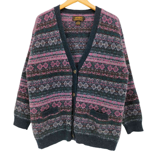 エディーバウアー Eddie Bauer 80S 黒タグ 後期 ノルディック柄 ウール Vネック カーディガン メンズ import:L