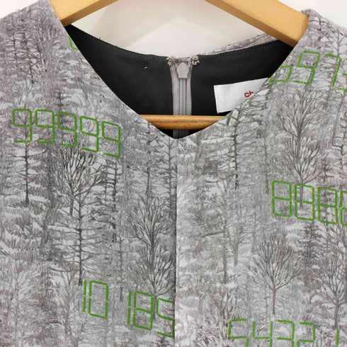 フセインチャラヤン Hussein Chalayan フォレストプリント 数字 ラメ アシンメトリー ドレープ ケープノースリーブ ミディドレス ワンピース レディース JPN:M