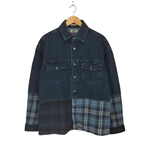 トミージーンズ tommy jeans OVERSIZED FIT チェック 切替 スナップ ウエスタン デニム シャツ ジャケット メンズ S