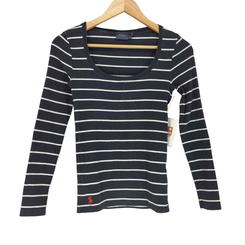 ポロラルフローレン POLO RALPH LAUREN ポニー刺繍 裾ロゴ ラウンドネック ボーダー 長袖 Tシャツ カットソー レディース S