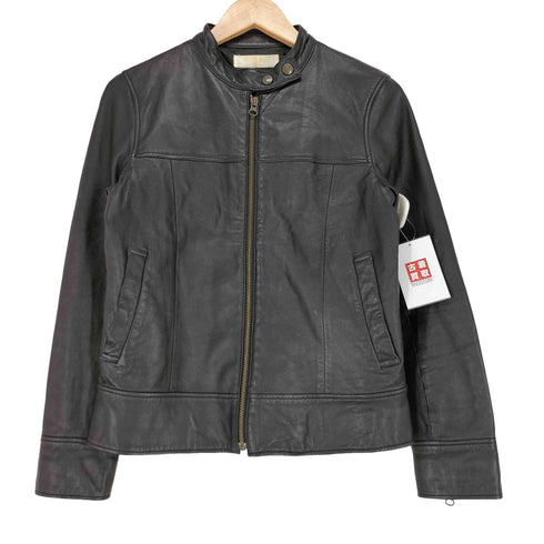 ナチュラルビューティーベーシック NATURAL BEAUTY BASIC lamb leather ラムレザー 羊革 プリント スタンドカラー ジップ レザー ジャケット レディース M
