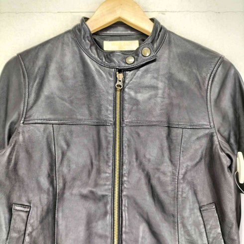 ナチュラルビューティーベーシック NATURAL BEAUTY BASIC lamb leather ラムレザー 羊革 プリント スタンドカラー ジップ レザー ジャケット レディース M