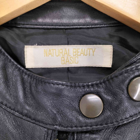 ナチュラルビューティーベーシック NATURAL BEAUTY BASIC lamb leather ラムレザー 羊革 プリント スタンドカラー ジップ レザー ジャケット レディース M