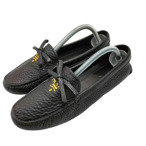 プラダ PRADA ロゴプレート シボレザー モカシン リボン ドライビングシューズ レディース 37 1/2