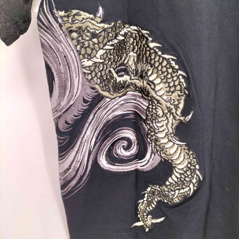 ハナタビガクダン 花旅楽団 JAPANESE PATTERN 龍 和柄 ヘンリーネックTシャツ 袖サテン メンズ JPN:L