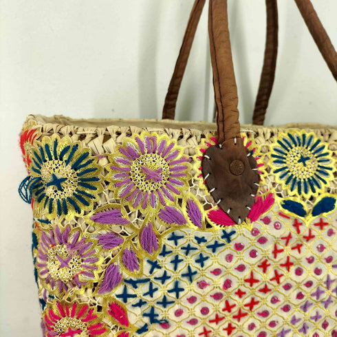 Anisha モロッコ製 花刺繍 かごバッグ レディース