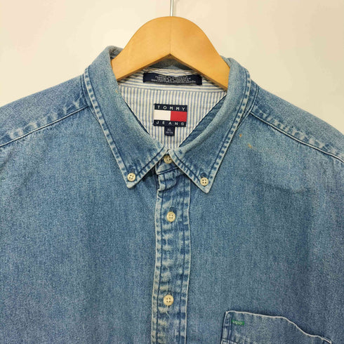 トミージーンズ tommy jeans 90s ロゴ刺繍 ボタンダウン 長袖 デニムシャツ メンズ import:XL