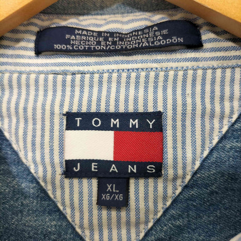 トミージーンズ tommy jeans 90s ロゴ刺繍 ボタンダウン 長袖 デニムシャツ メンズ import:XL