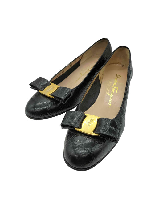 サルヴァトーレフェラガモ Salvatore Ferragamo MADE IN ITALY イタリア製 クロコ 型押し リボン プレート パンプス レディース 5