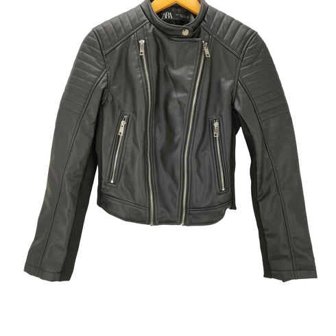 ザラ ZARA Double Leather Motorcycle Jacket シンセティック レザー ショート クロップド ダブル ライダース ジャケット レディース import:M