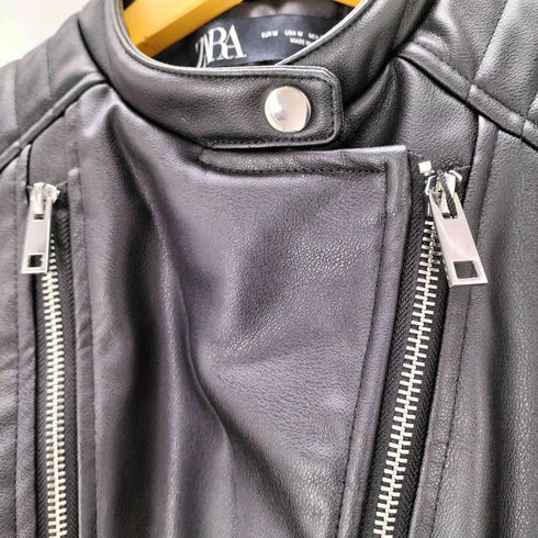 ザラ ZARA Double Leather Motorcycle Jacket シンセティック レザー ショート クロップド ダブル ライダース ジャケット レディース import:M