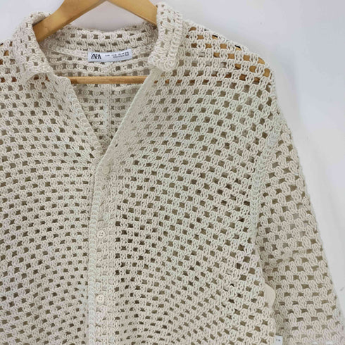 ザラ ZARA クロシェ編み オープンカラーシャツ メンズ M