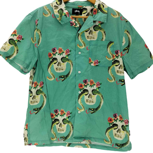 ステューシー Stussy Skull Pattern スカル スネーク フラワー パターン 総柄 開襟 オープンカラー アロハ ボックス シャツ メンズ import:M