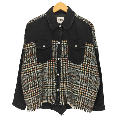 ザラ ZARA ニット切り替え 裾フリンジ デニム シャツ ジャケット レディース import:S