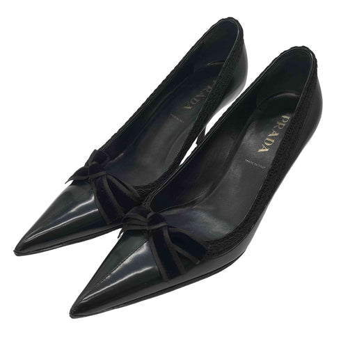 プラダ PRADA レース ポインテッドトゥ リボン ヒールパンプス レディース EUR:36