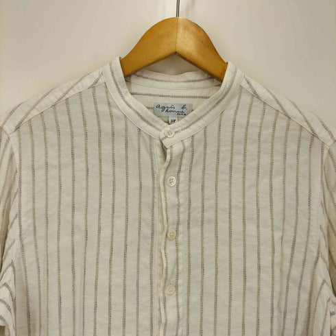 アニエスベーオム Agnes b.homme リネン混 バンドカラー プルオーバー ストライプシャツ メンズ FR:38