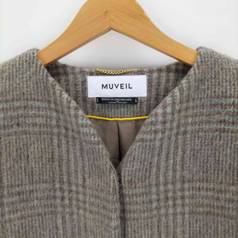 ミュベール MUVEIL グレンチェック ノーカラーロングコート レディース