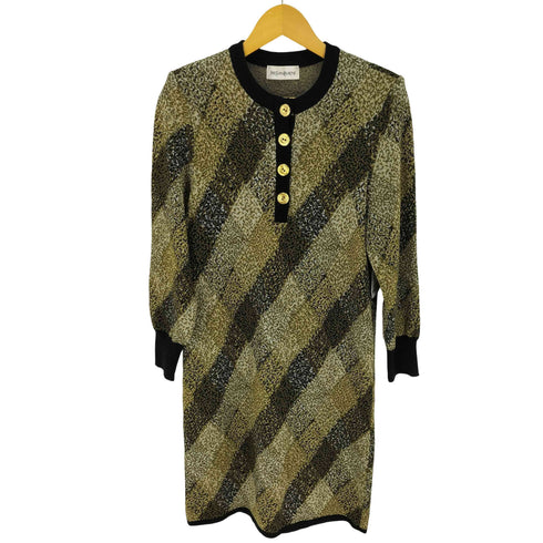 イヴサンローラン Yves Saint Laurent 金ボタン チェック柄 ウール100 ニットワンピース レディース JPN:M
