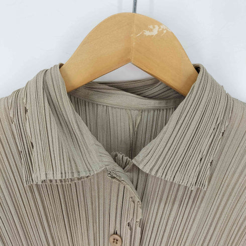 プリーツプリーズイッセイミヤケ PLEATS PLEASE ISSEY MIYAKE クラッシュ加工 ダブルカラー プリーツ半袖シャツ レディース JPN:3