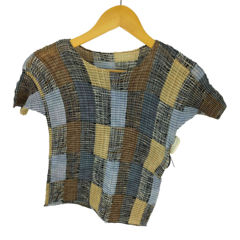 イッセイミヤケ ISSEY MIYAKE 98SS 格子柄 ワッフルプリーツ 半袖ブラウス レディース JPN:M