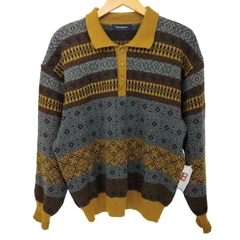 イヴサンローラン Yves Saint Laurent 福助期 総柄 長袖 ニットポロシャツ メンズ
