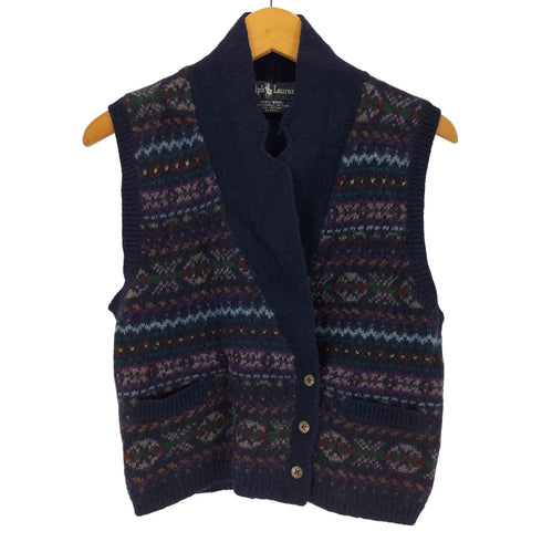 ラルフローレン RALPH LAUREN 総柄 ウール ダブルブレスト ニットベスト レディース L