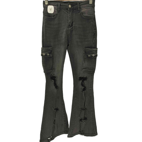 ミームセレクト me+em select cargo design vintage-like damage stretch flare denim カーゴ デザイン ヴィンテージ ライク ダメージ ストレッチ フレア デニム Y2K レディース S