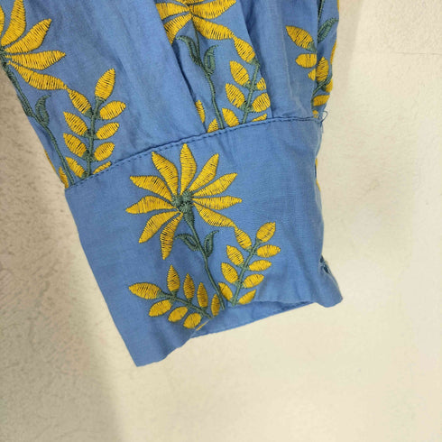 ザラ ZARA 花柄 刺繍 バンドカラー 長袖 シャツ ワンピース レディース L