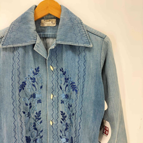 70S メキシコ製 ボタニカル刺繍 オープンカラーデニムシャツ メンズ 34