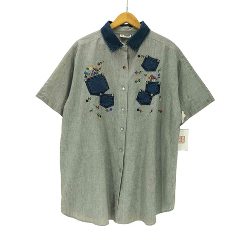 VJ WOMAN 90-00S OLD インド綿 ヘム デニム マルチポケット フラワー 刺繍 ヒッコリー ストライプ オーバーサイズ S/S シャツ レディース 22W