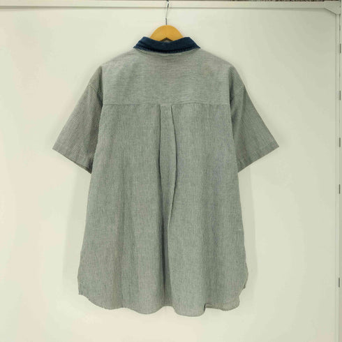 VJ WOMAN 90-00S OLD インド綿 ヘム デニム マルチポケット フラワー 刺繍 ヒッコリー ストライプ オーバーサイズ S/S シャツ レディース 22W