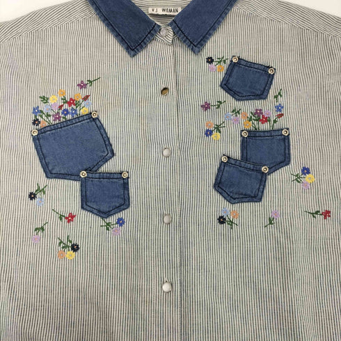 VJ WOMAN 90-00S OLD インド綿 ヘム デニム マルチポケット フラワー 刺繍 ヒッコリー ストライプ オーバーサイズ S/S シャツ レディース 22W