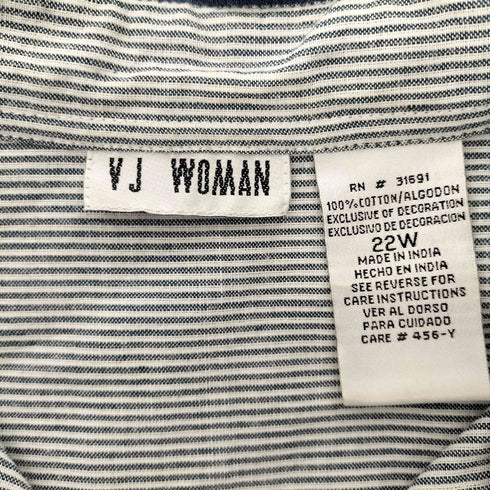 VJ WOMAN 90-00S OLD インド綿 ヘム デニム マルチポケット フラワー 刺繍 ヒッコリー ストライプ オーバーサイズ S/S シャツ レディース 22W