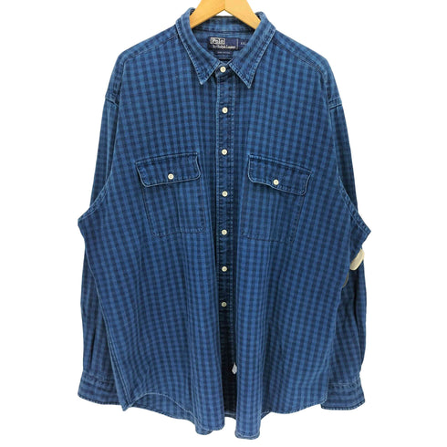 ポロバイラルフローレン Polo by RALPH LAUREN 90S ポニー無し ダブルポケット チェック柄 長袖 ヘビー ワークシャツ メンズ import:XXL