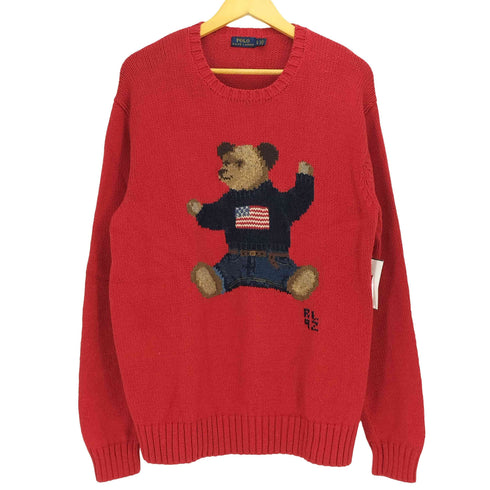 ポロラルフローレン POLO RALPH LAUREN 現行タグ RL92 ポロベア 星条旗 リネン紺 コットン ニット メンズ import:XL