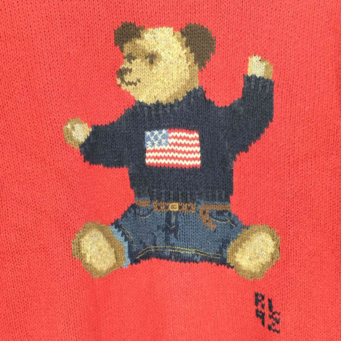 ポロラルフローレン POLO RALPH LAUREN 現行タグ RL92 ポロベア 星条旗 リネン紺 コットン ニット メンズ import:XL
