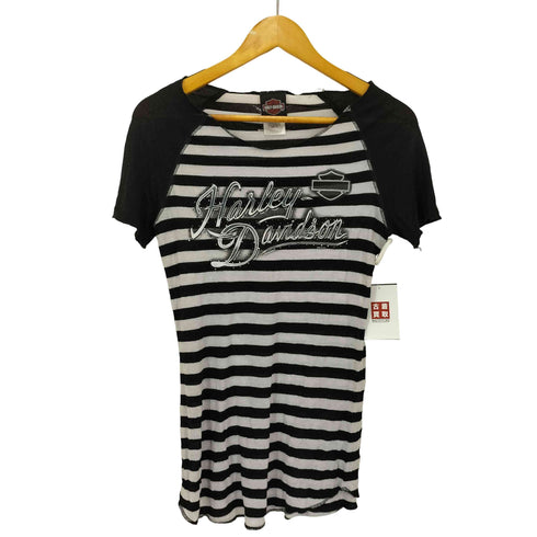 ハーレーダビッドソン HARLEY-DAVIDSON ビジュー ボーダー ロゴ プリント Tシャツ Y2K レディース import:M