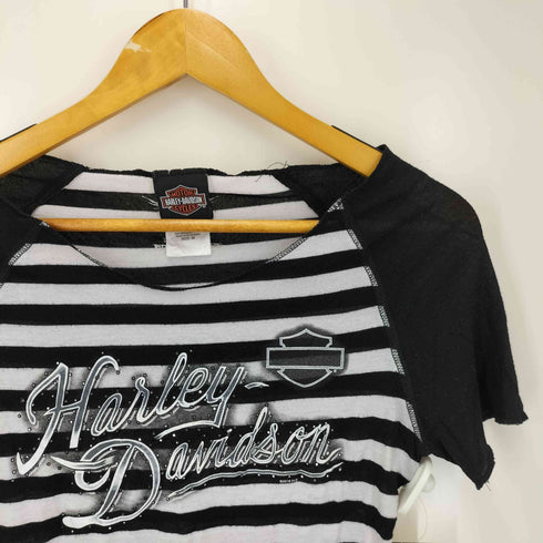 ハーレーダビッドソン HARLEY-DAVIDSON ビジュー ボーダー ロゴ プリント Tシャツ Y2K レディース import:M
