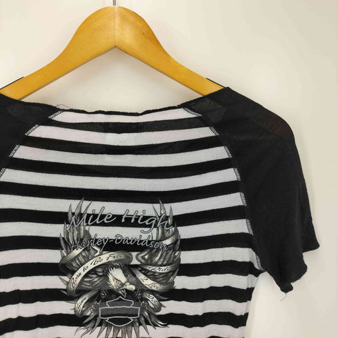 ハーレーダビッドソン HARLEY-DAVIDSON ビジュー ボーダー ロゴ プリント Tシャツ Y2K レディース import:M