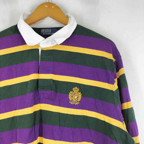 ポロバイラルフローレン Polo by RALPH LAUREN エンブレム刺繍 ボーダー柄 長袖 ポロシャツ ラガーシャツ メンズ import:XL