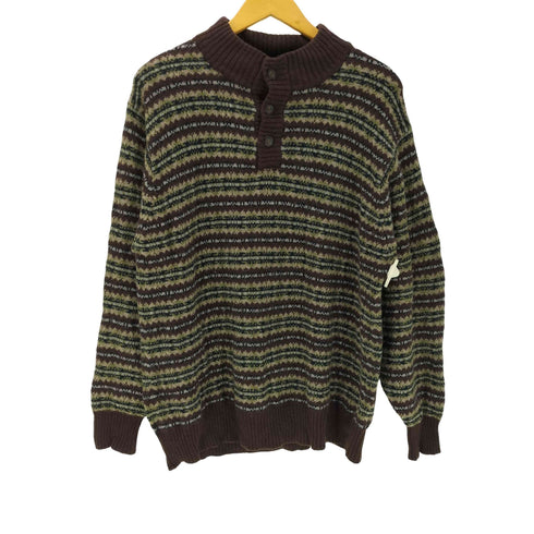 エディーバウアー Eddie Bauer ボーダー 総柄 ハーフ ボタン ヘンリーネック ニット セーター メンズ import:L