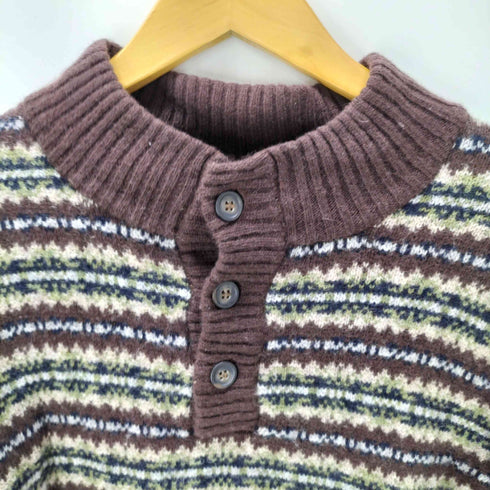 エディーバウアー Eddie Bauer ボーダー 総柄 ハーフ ボタン ヘンリーネック ニット セーター メンズ import:L