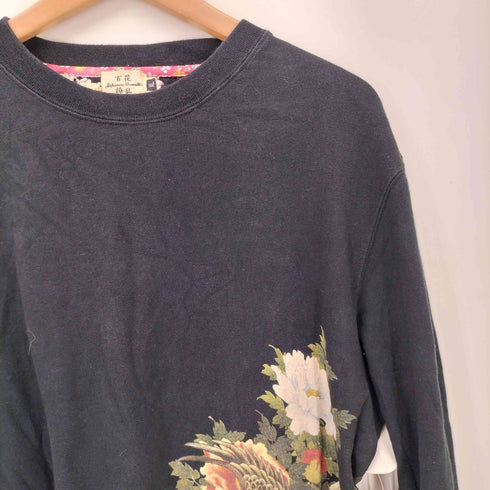 百花繚乱 刺繍 和柄 クルーネックTシャツ メンズ XL